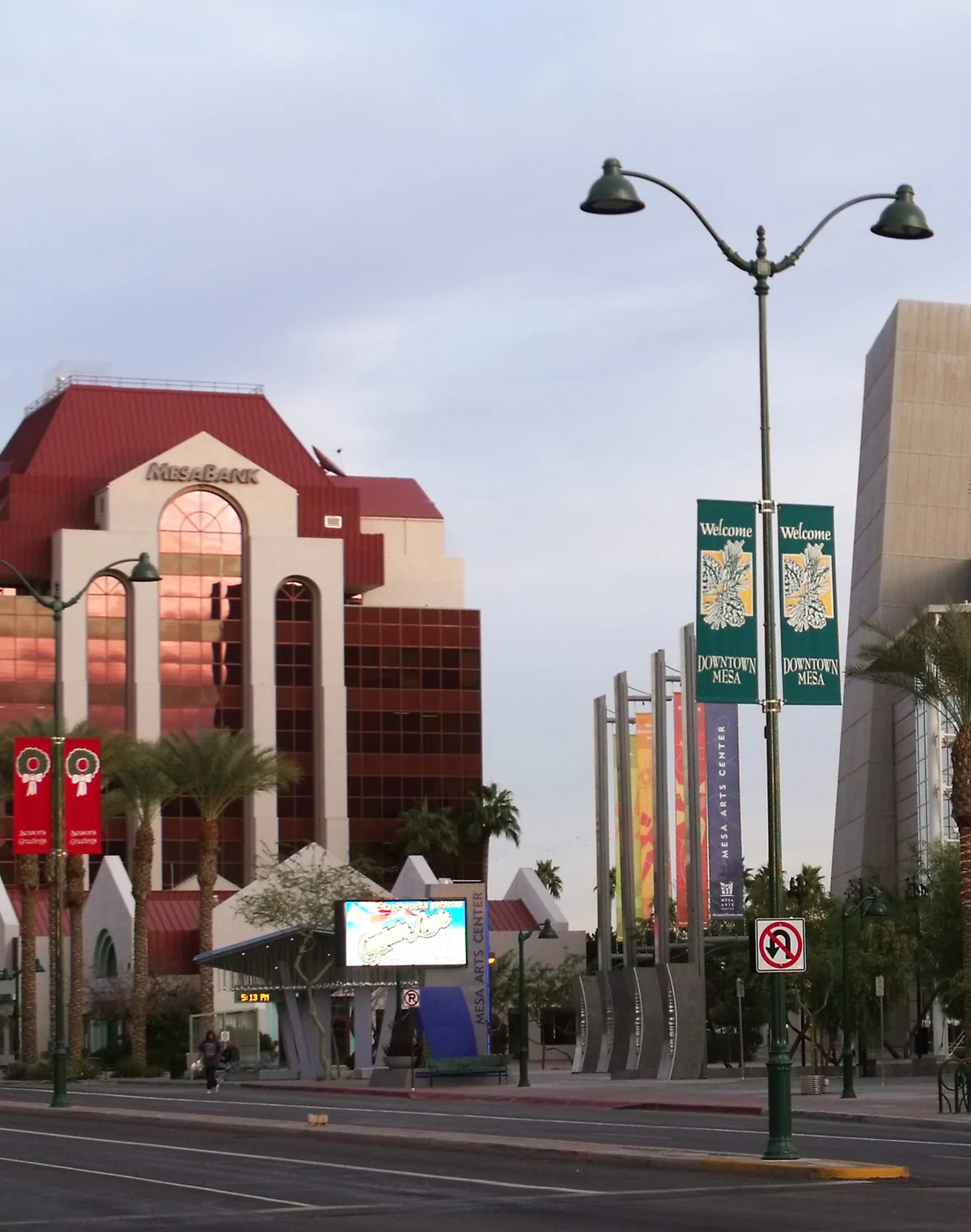 Downtown Mesa, Arizona, with Welcome to Downtown Mesa banners and the Mesa Arts Center